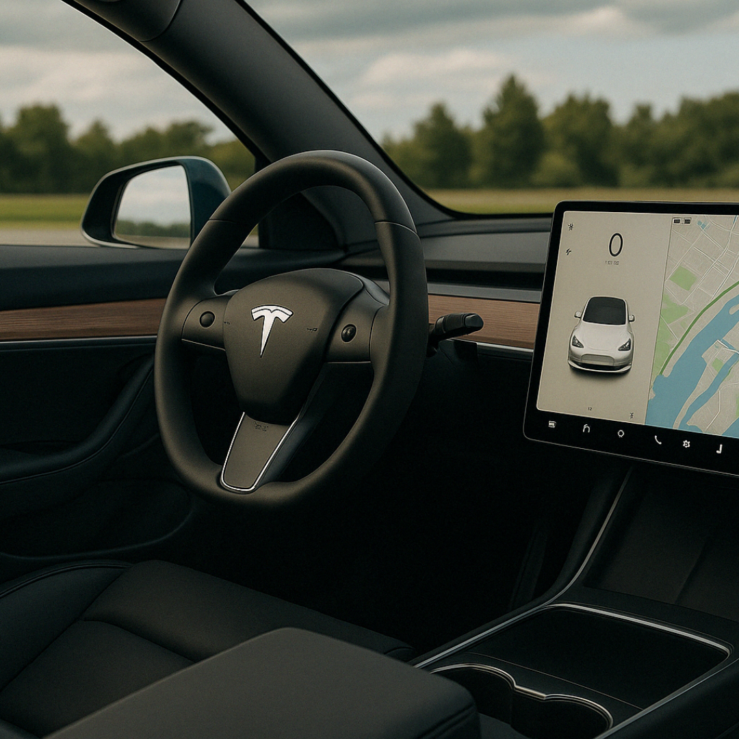 Tesla Interieur mit Navigationssystem – Mietwagenfahrt von A nach B in München.