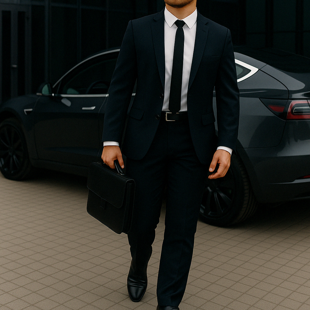 Business-Fahrgast steigt aus Tesla für VIP-Transfer oder Eventfahrt in München.